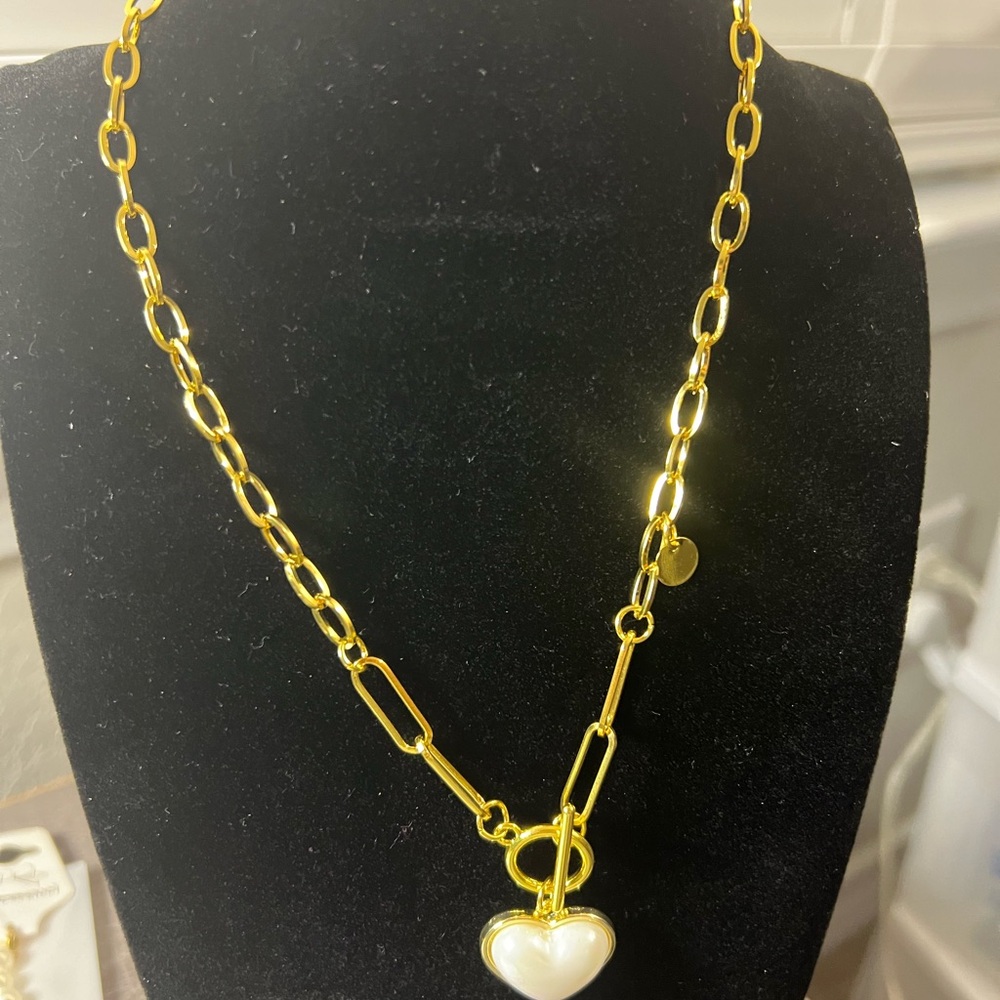 Gold plated stainless steel white Heart Pendant Necklace 18” women’s